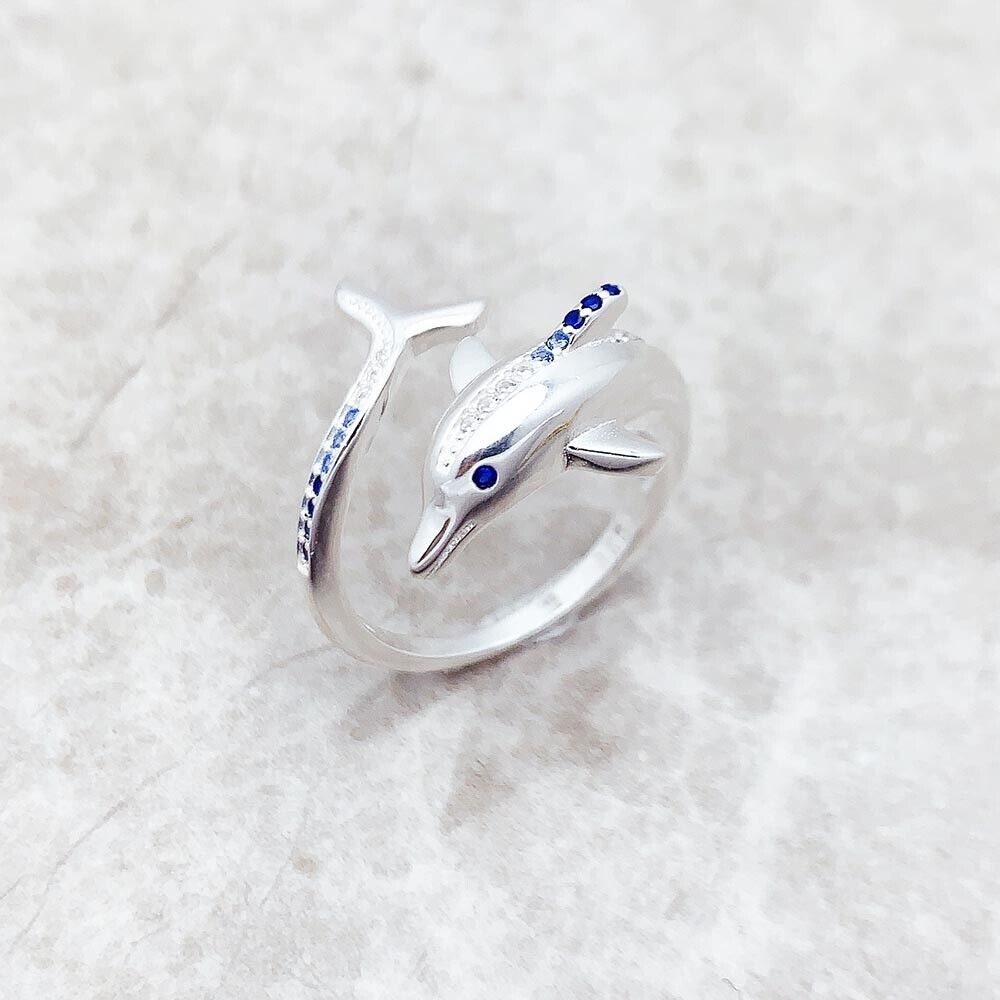 925 Sterling Silver Dolphin Ring with Blue Stones