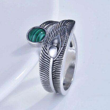 Enchanting Peacock Ring: Sterling Silver Open Finger with Emerald Green Stone - Image 2