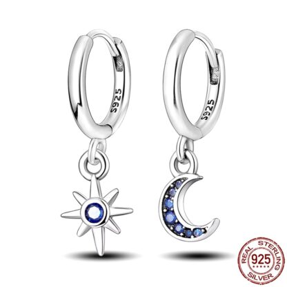 Celestial Charm Hoops: 925 Sterling Silver Star and Moon Earrings
