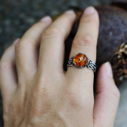 Enchanted Amber Dragon Stone Ring with Intricate Floral Engraving - Image 2