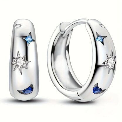 Shimmering Silver Star Zircon Hoop Earrings: Celestial Elegance for Pierced Ears