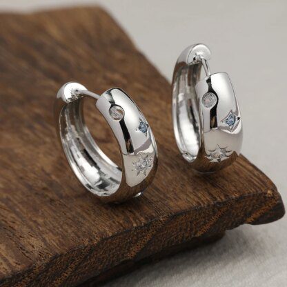 Shimmering Silver Star Zircon Hoop Earrings: Celestial Elegance for Pierced Ears - Image 2