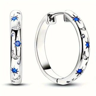 Celestial Shimmer: Silvery Blue Zircon Star and Moon Galaxy Hoop Earrings