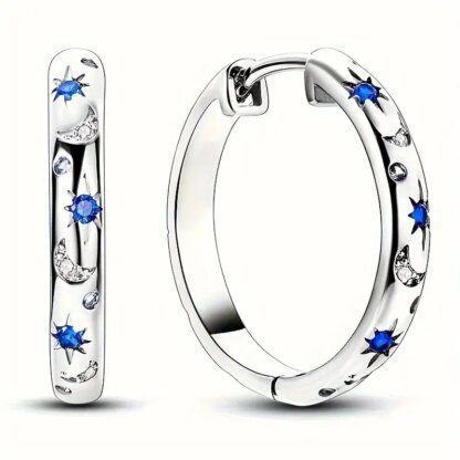 Celestial Shimmer: Silvery Blue Zircon Star and Moon Galaxy Hoop Earrings