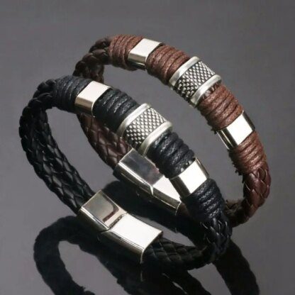 Vintage Leather and Stainless Steel Multilayer Braided Rope Bangle