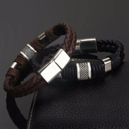 Vintage Leather and Stainless Steel Multilayer Braided Rope Bangle - Image 2