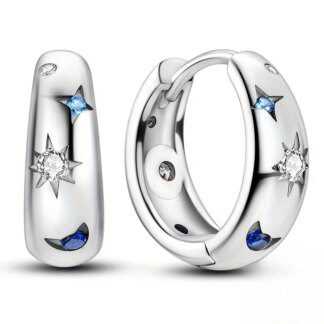 Celestial Radiance: Moon and Star Zircon Silver Plated Hoop Earrings