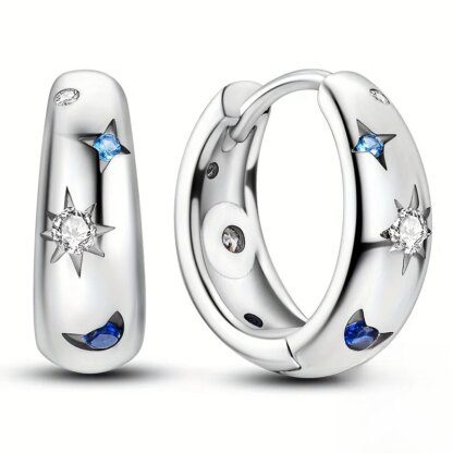 Celestial Radiance: Moon and Star Zircon Silver Plated Hoop Earrings