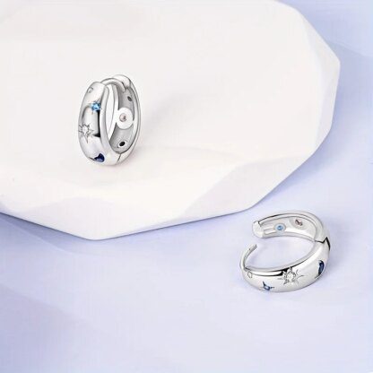 Celestial Radiance: Moon and Star Zircon Silver Plated Hoop Earrings - Image 3