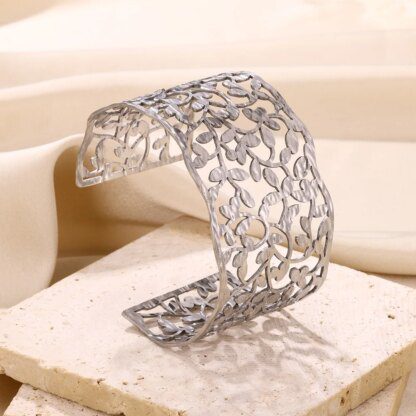 Unveil the Enchanting Secret Garden: Silver Texture Wide Cuff Bracelet - Image 2