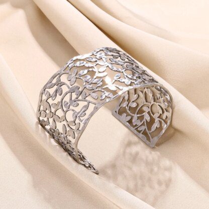 Unveil the Enchanting Secret Garden: Silver Texture Wide Cuff Bracelet - Image 4