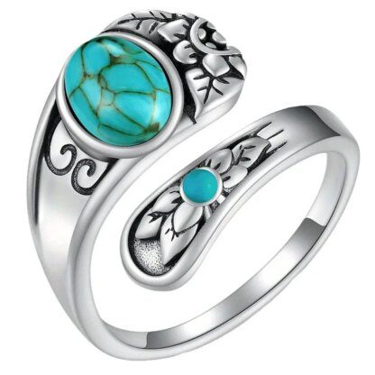 Enticing Silver Floral Retro Turquoise Open Ring: A Timeless Statement - Image 5