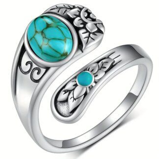 Enticing Silver Floral Retro Turquoise Open Ring: A Timeless Statement