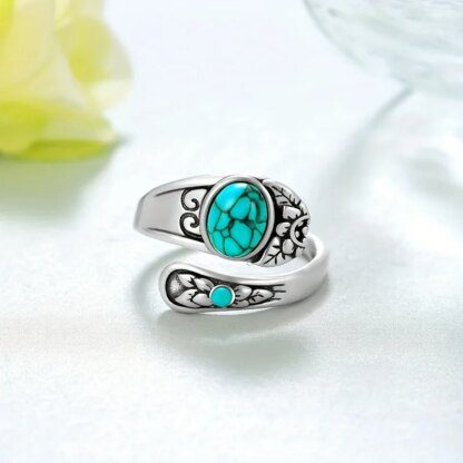 Enticing Silver Floral Retro Turquoise Open Ring: A Timeless Statement - Image 3