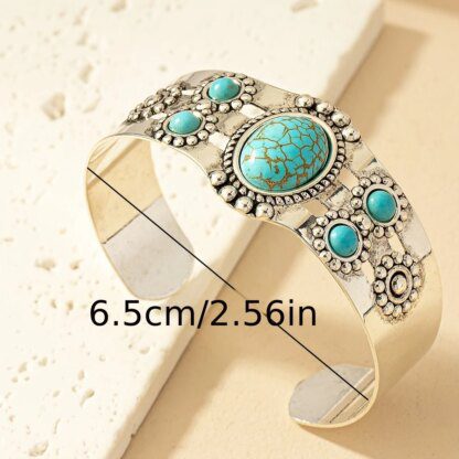 Vintage Turquoise Inlaid Bohemian Cuff Bangle - Image 5