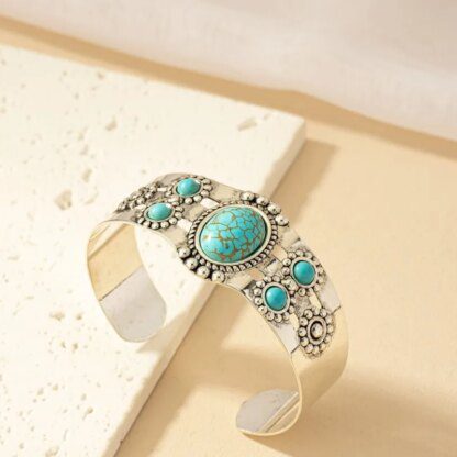 Vintage Turquoise Inlaid Bohemian Cuff Bangle - Image 2