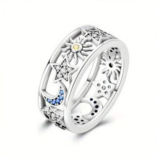 925 Silver Celestial Ring: Sun Moon Stars Jewelry - Elegant Night Sky Gift