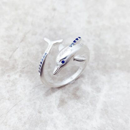 925 Sterling Silver Dolphin Ring with Blue Stones