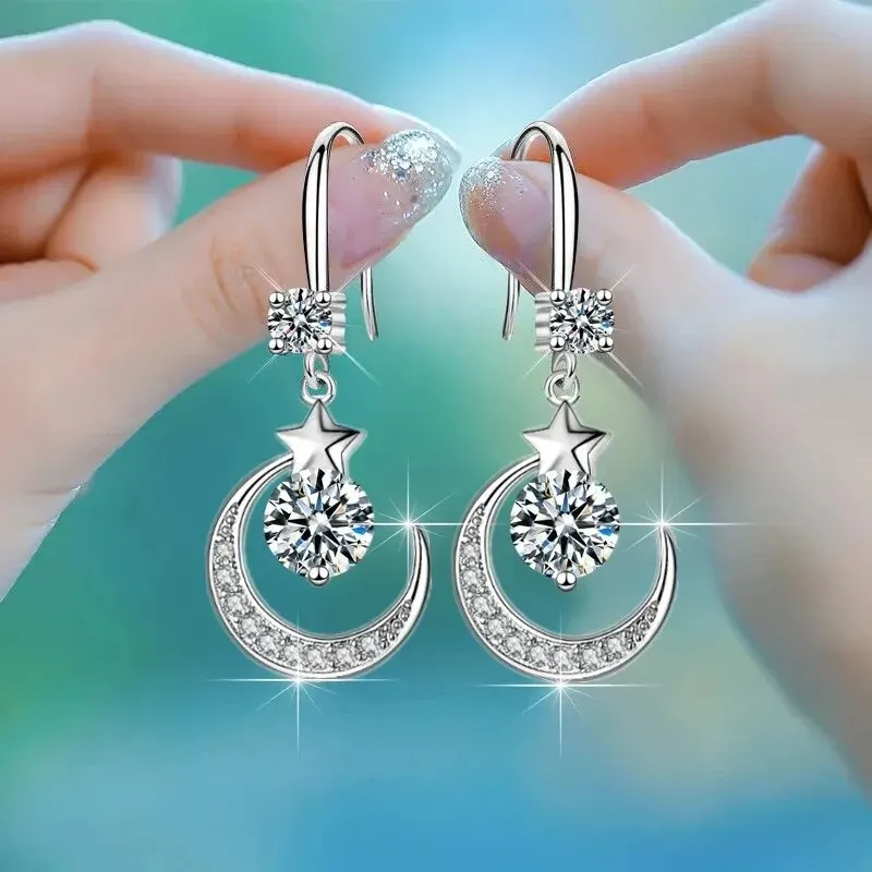 Celestial Charm: Shimmering Star and Moon Earrings in 925 Sterling Silver