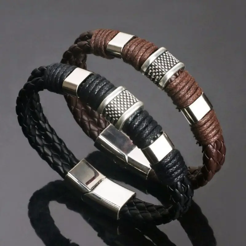 Vintage Leather and Stainless Steel Multilayer Braided Rope Bangle