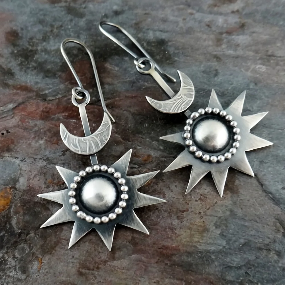 Celestial Embrace: Bohemian Sun and Moon Silver Plated Earrings